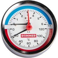 Термоманометр Rommer аксиальный в комплекте с автоматическим запорным клапаном. Корпус Dn 80 мм 1/2 , 0...120°C, 0-6 бар. 