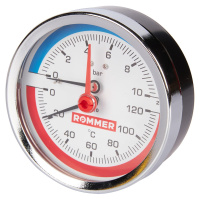 Термоманометр Rommer аксиальный в комплекте с автоматическим запорным клапаном. Корпус Dn 80 мм 1/2 , 0...120°C, 0-10 бар. 
