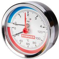 Термоманометр Rommer аксиальный в комплекте с автоматическим запорным клапаном. Корпус Dn 80 мм 1/2 , 0...120°C, 0-4 бар. 