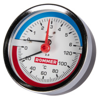 Термоманометр Rommer аксиальный в комплекте с автоматическим запорным клапаном. Корпус Dn 80 мм 1/2 , 0...120°C, 0-6 бар. 